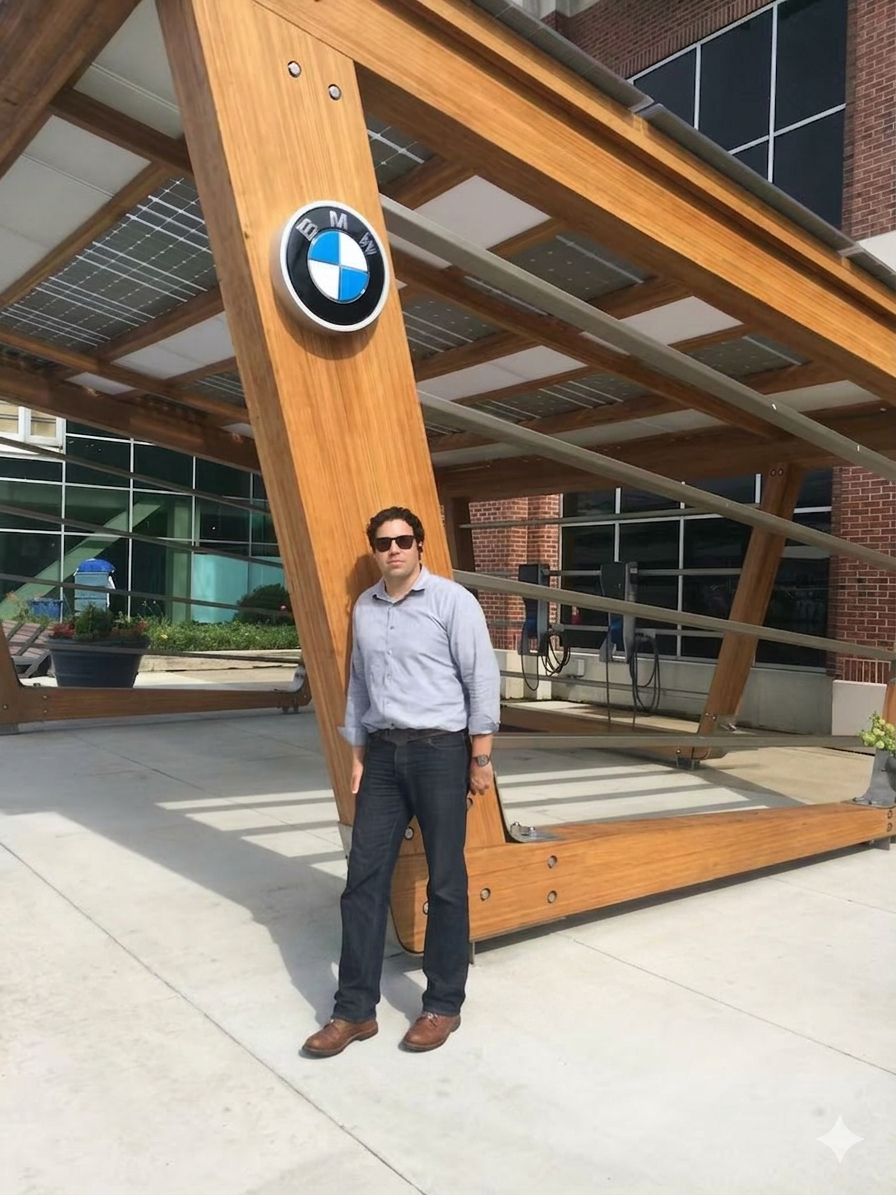 Luke Schuette standing beside an engineered bamboo solar charging canopy he designed for BMW.